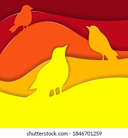 Vector background with birds in paper cut style. Illustration in shining and bright colors, summer or autumn seasonal. Happy and calm print.