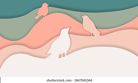 Vector background with birds in paper cut style. Illustration in pastel colors. Happy and calm print. 