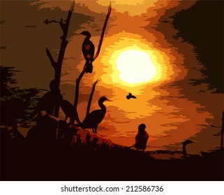 Vector Background. Birds at Sunset Painting style.