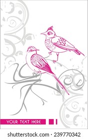 Vector background with birds at the tree branch in grunge style