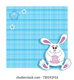 Vector background Birthday card for child. Blue cute bunny boy on a blue background with a checkered texture. Cartoon funny character.