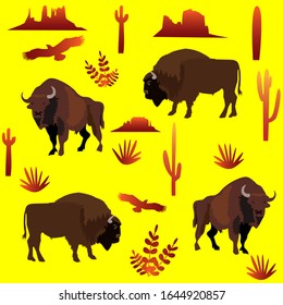 Vector background with bison, cacti, eagles, lonely rocks and plants.