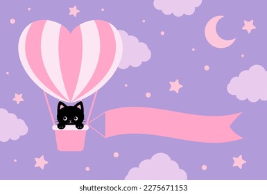 vector background with a black cat in a heart hot-air balloon in the sky for banners, cards, flyers, social media wallpapers, etc.