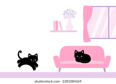 vector background with black cats in the living room for banners, cards, flyers, social media wallpapers, etc.