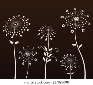 Vector background. Black flowers silhouette dandelion