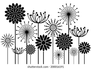 vector background with black flowers silhouettes isolated on white