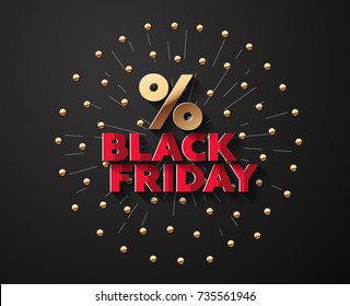 Vector Background For Black Friday With Salute and Percent Symbol. In golden execution.