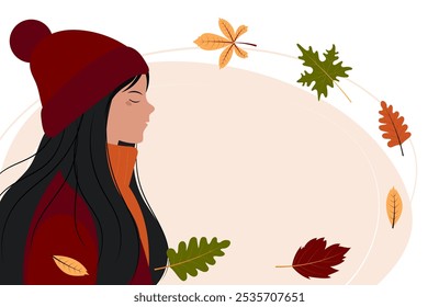 Vector background with black girl with long hair and leaves. Young woman in a fall. Autumn design for card, banner, sale, social media, avatar.