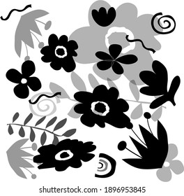 Vector background with black and gray  florals. Creative cute silhouette flower and leaves on white background , freehand lovely blossom and leaves for your design.