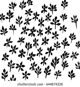Vector background with black leaves and plants on white field.