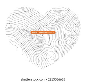 Vector background with a black textured topographical outline of Mount Everest forming a heart symbol