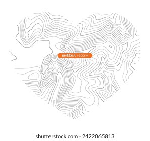 Vector background with black textured topographical contour of the highest mountain of the Czech Republic named Snezka forming a heart symbol. White background
