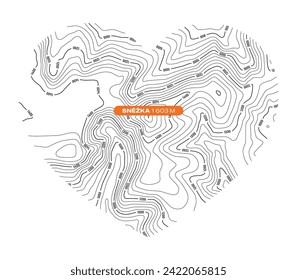 Vector background with black textured topographical contour of the highest mountain of the Czech Republic named Snezka forming a heart symbol. White background
