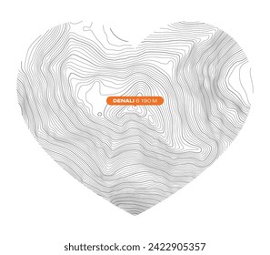 Vector background with black textured topographical contour of the highest mountain of the North America named Denali (Mount McKinley) forming a heart symbol. White background