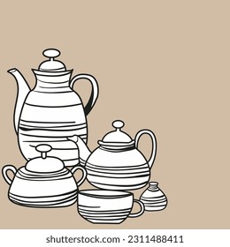 Vector background of black and white drawing of a tea set.