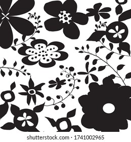 fondo vectorial con flores negras y blancas. Creativa flor de silueta linda y hojas sobre fondo blanco, floración encantadora de mano libre y hojas para su diseño.