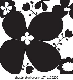 fondo vectorial con flores negras y blancas. Creativa flor de silueta linda y hojas sobre fondo blanco, floración encantadora de mano libre y hojas para su diseño.