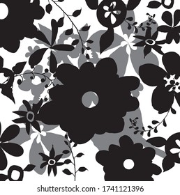 fondo vectorial con flores negras y blancas. Creativa flor de silueta linda y hojas sobre fondo blanco, floración encantadora de mano libre y hojas para su diseño.