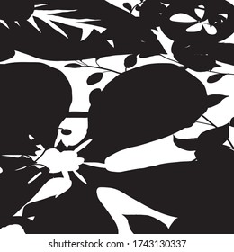 fondo vectorial con flores negras y blancas. Creativa flor de silueta linda y hojas sobre fondo blanco, floración encantadora de mano libre y hojas para su diseño.