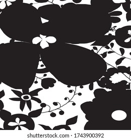 vector background with black and white florals. Creative cute silhouette flower and leaves on white background , freehand lovely blossom and leaves for your design.