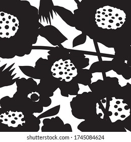 fondo vectorial con flores negras y blancas. Creativa flor de silueta linda y hojas sobre fondo blanco, floración encantadora de mano libre y hojas para su diseño.