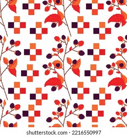 Vector background of blackberry sprigs and geometric shapes. Autumn palette. Bright background for textiles, fashion design and wallpaper, nightgowns, bed linen, vyshyvanka.