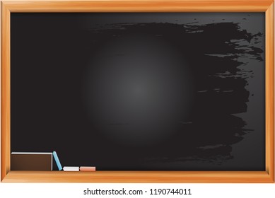 Vector background. Blackboard and wooden frame with smudged boards smeared with chalk.
