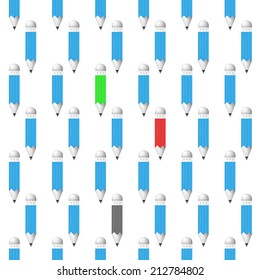 Vector background for blog. Colored pencils. Seamless vector pattern with colored pencils with rubber on white background.
