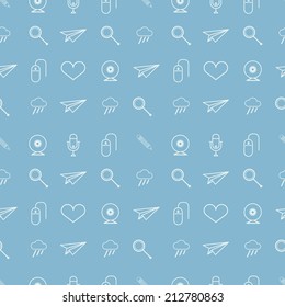 Vector background for blog. Seamless vector pattern with white contour symbols on blue background.