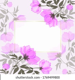 Vektorhintergrund mit blühender rosafarbener Pforte und goldener geometrischer Grenze.Florale botanische Aquarellgrafik einzeln auf weißem Hintergrund.