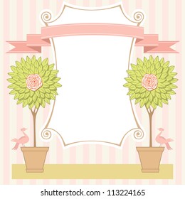 Vector background with blooming topiary trees, couple of birds, banner of roll of paper and ribbon. Greeting card for garden party and wedding with text box. Abstract illustration for print and web