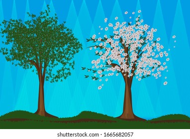 Fondo vectorial con árboles florecientes. Decoración, carteles, tapiz.