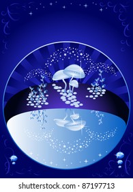 Vector background blue. The beautiful night scenery. The sky, magic lake, reflection. Halloween.