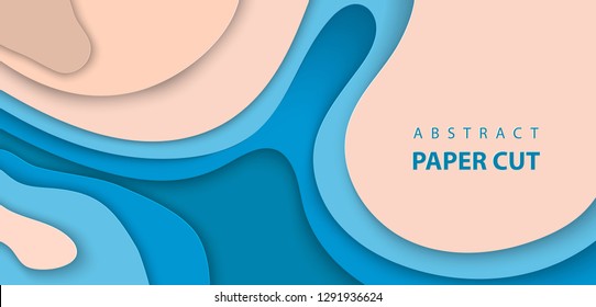 Vector background with blue and beige color paper cut shapes. 3D abstract realistic paper decoration, design textured with cardboard wavy, layout design template, banner, brochure, book cover. 