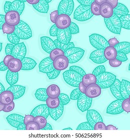 Vector background with blue berries and leaves, seamless pattern