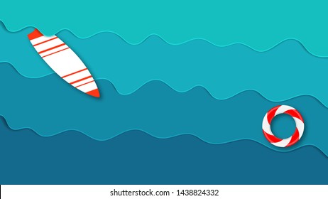 Vector background with blue color paper cut waves, surfboard and lifebuoy. Abstract design for wallpapers, business presentations, flyers, posters, prints, decoration, cards, brochure cover.
