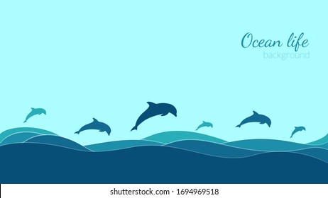 Vector background, in blue colors, on the theme of ocean life. Waves with dolphins jumping out of the water. Place for text. Copyspace.