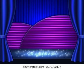Vector background with blue curtain and shine neon shapes for presentation, concert, show design
