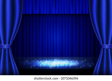 Fondo vectorial con cortina azul y focos para presentación, concierto y diseño de espectáculos