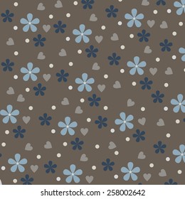 Vector background with blue and dark blue flowers and polka dots