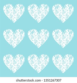 Vector background with blue drops. Japanese waves, liquid, ocean wave. Blue background with white hearts. Spots of white and blue paint. Background for Valentine's Day.
