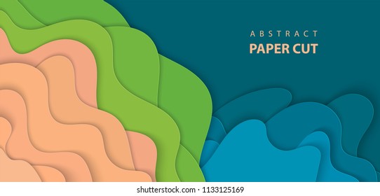 Vector background with blue, green and beige colors paper cut shapes. 3D abstract paper art style, design layout for business presentations, flyers, posters, prints, decoration, cards, brochure cover.