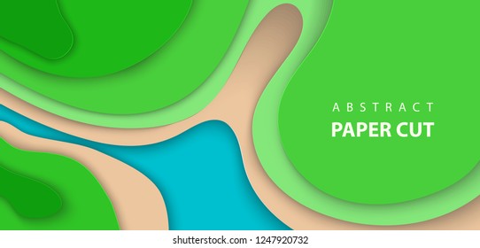 Vector background with blue and green color paper cut waves shapes. 3D abstract paper art style, design layout for business presentations, flyers, posters, prints, decoration, cards, brochure cover.