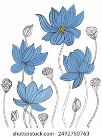 Fondo de Vector con lotos azules y cabeza de semilla. Ilustración de patrón sin costura dibujado a mano arte de flores de loto.