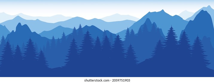 vector background with blue mountains, evergreen forest 