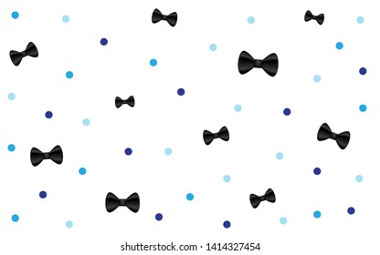 Vector Background blue polka dots, and black bow tie or ribbon on white background. Seamless pattern design for Fathers Day, Blue themed posters, greetings, invitations, banners, weddings, birthdays.