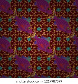 Vector background in blue, purple and green colors. Seamless pattern with cartoon fishes. Scandinavian Childish texture for fabric, textile, printing.