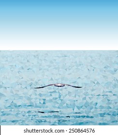 Vector background of blue sea and sky. Polygonal water and flying bird. Eps 10.