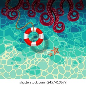 Vector background of blue sea water with octopuses and a lifebuoy