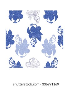 Vector background with blue silhouette peonies in Chinese style for textile design and wallpaper